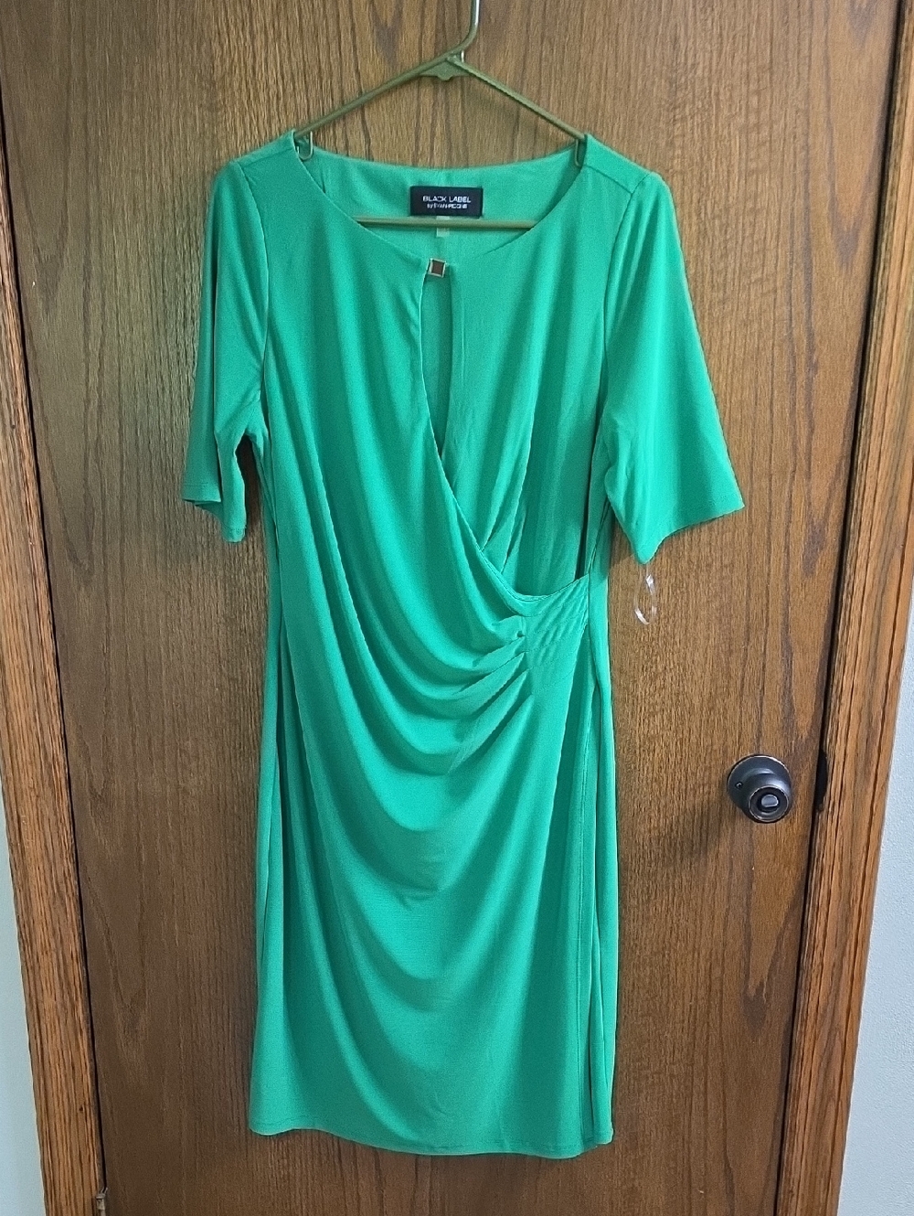 Evan Picone Emerald Green Draped Faux-Wrap Midi Dress
